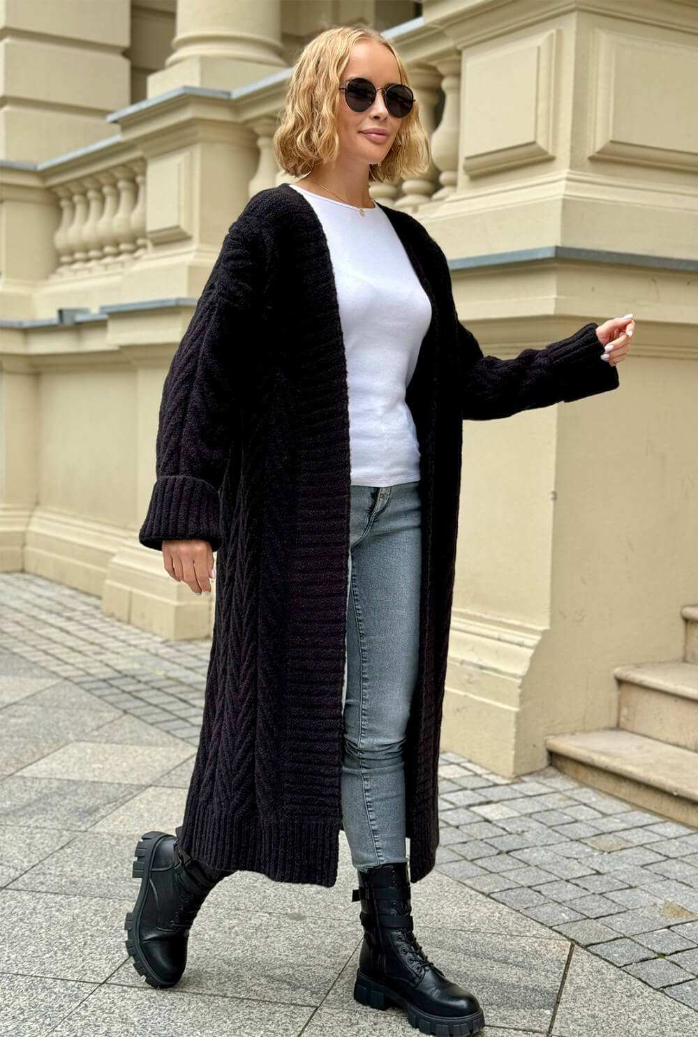 Oversize Strickmantel Damen Schwarz mit Zopfmuster | Lange Strickjacke Cardigan S-XL