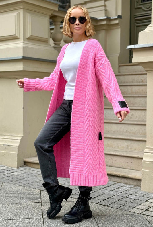 Oversize Strickmantel Damen Pink mit Zopfmuster | Lange Strickjacke Cardigan S-XL