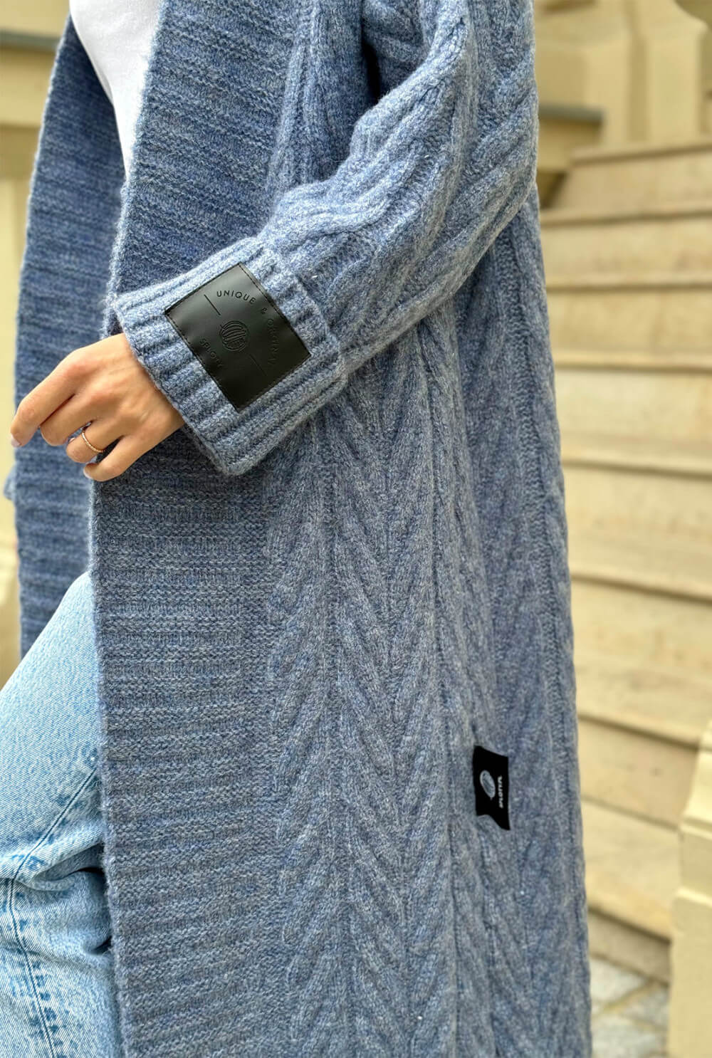 Oversize Strickmantel Damen Dunkelblau mit Zopfmuster | Lange Strickjacke Cardigan S-XL