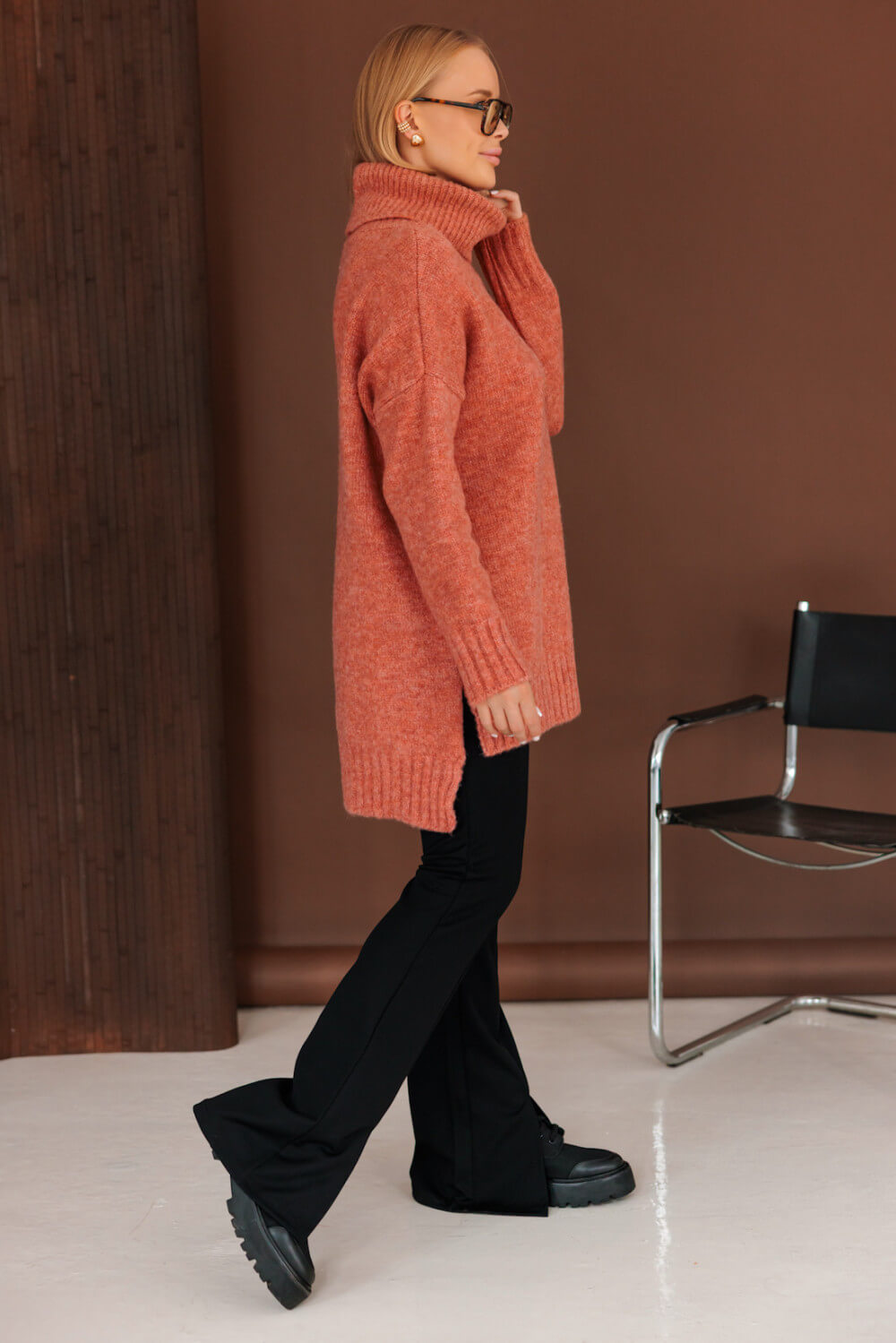 Oversize Vokuhila Strickpullover mit Rollkragen Koralle | Langarm Woll Pullover S-XL