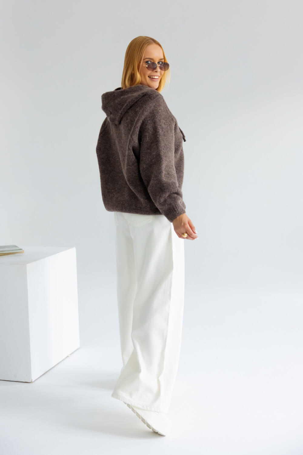 Oversize Strickpullover mit Kapuze Braun | Langarm Woll Pullover S-XL