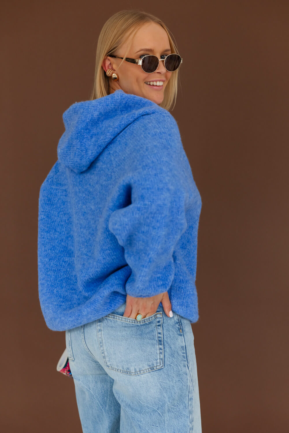 Oversize Strickpullover mit Kapuze Blau | Langarm Woll Pullover S-XL