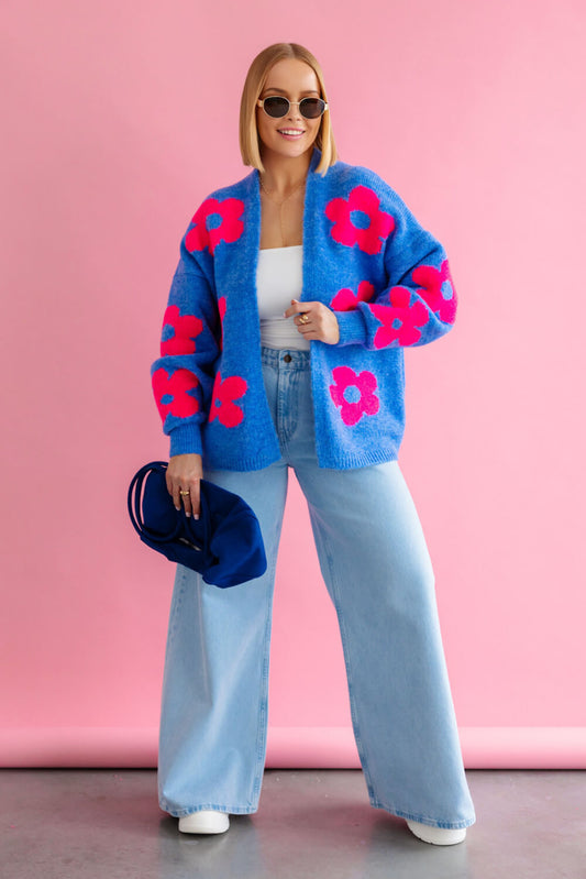 Elegante Oversize Strickjacke für Damen – Blumenmuster & elastische Ärmel