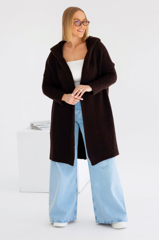 Oversize Strickmantel in Dunkelbraun mit Kapuze und geradem Schnitt