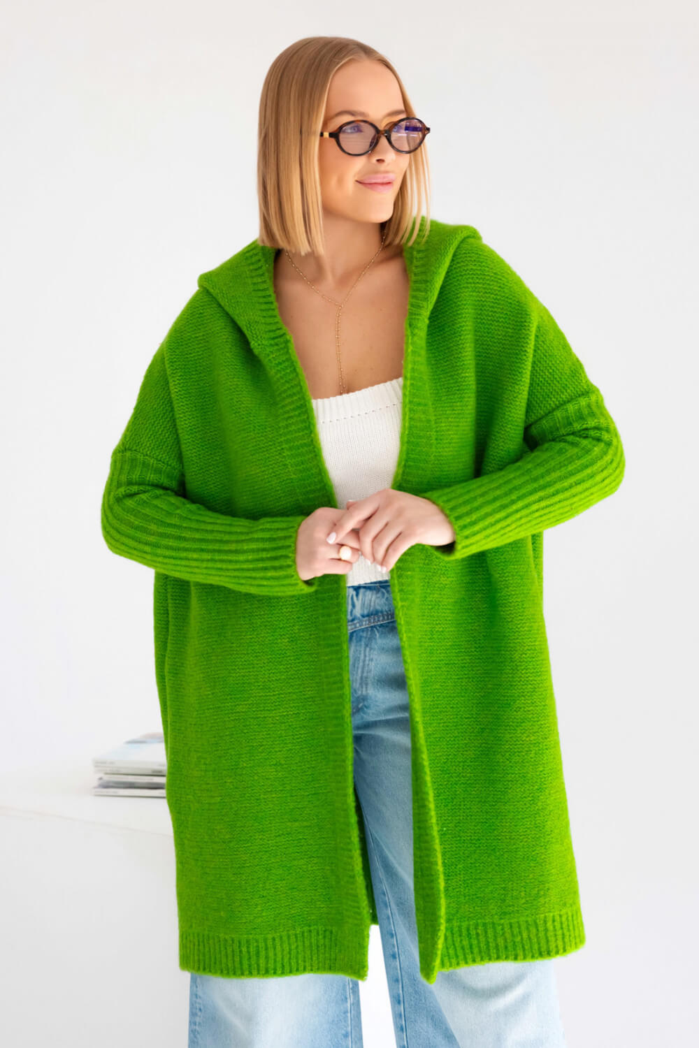 Moderner Oversize Strickmantel in Gras Grün für Damen