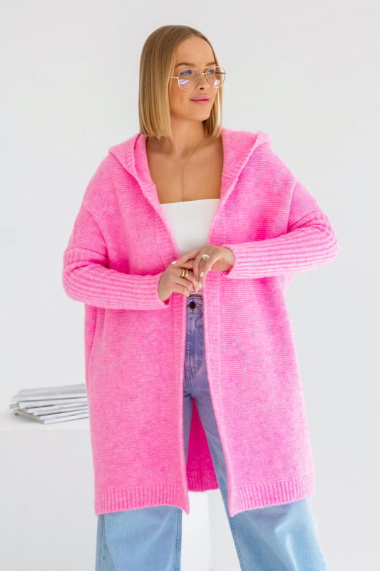 Oversize Strickmantel in Pink mit Kapuze und gerader Silhouette