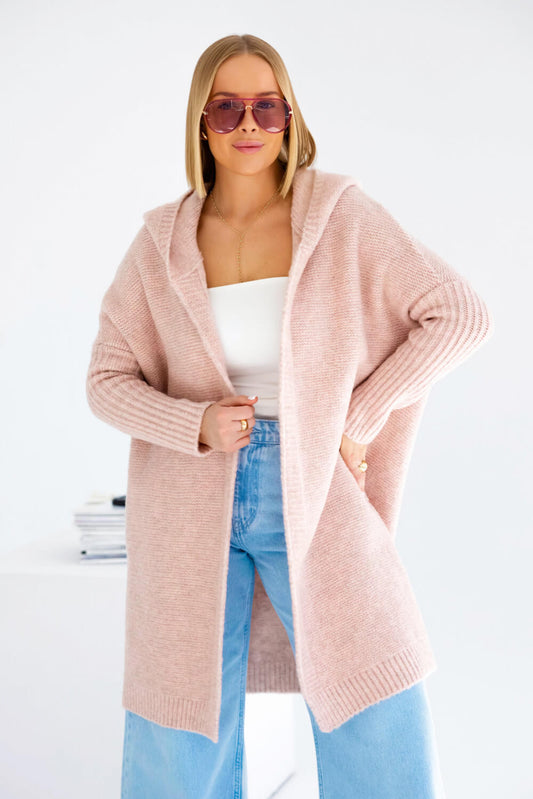 Oversize Strickmantel in Puderrosa mit Kapuze und gerader Passform