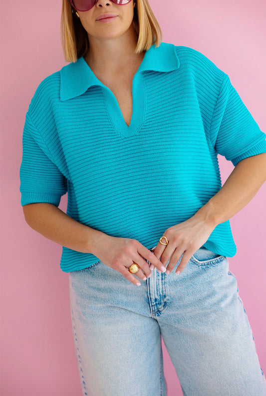Türkiser Polo Strickpullover Kurzarm aus leichtem Sommer-Baumwollmix