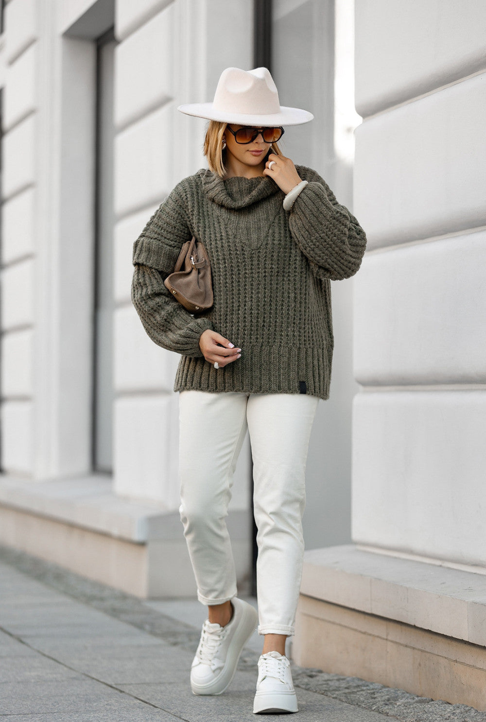 Oversize Strickpullover Khaki mit Rollkragen | Langarm Woll Pullover S-XL