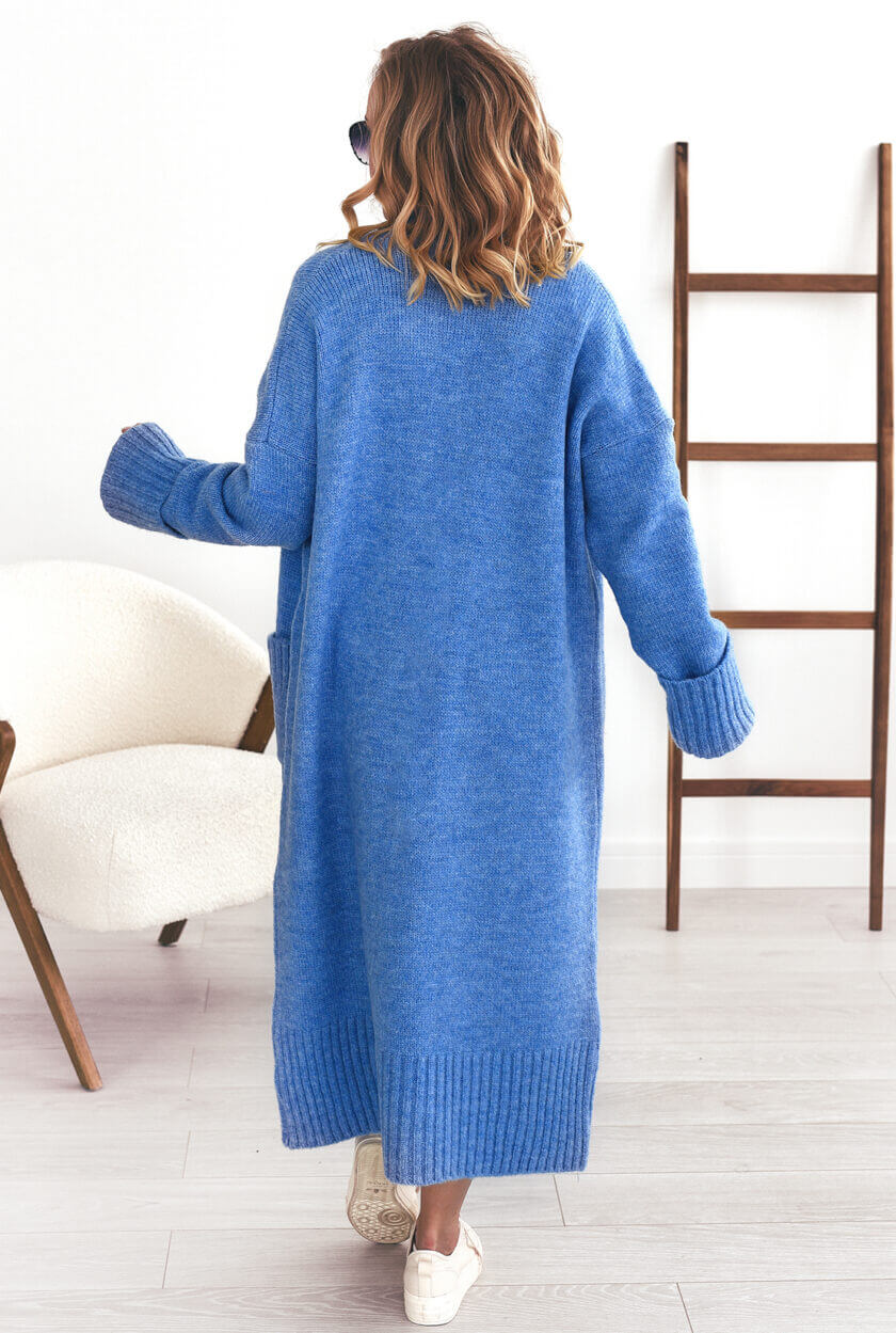 Langer Oversize Strickmantel Damen Dunkelblau mit langen Ärmeln – Rückenansicht