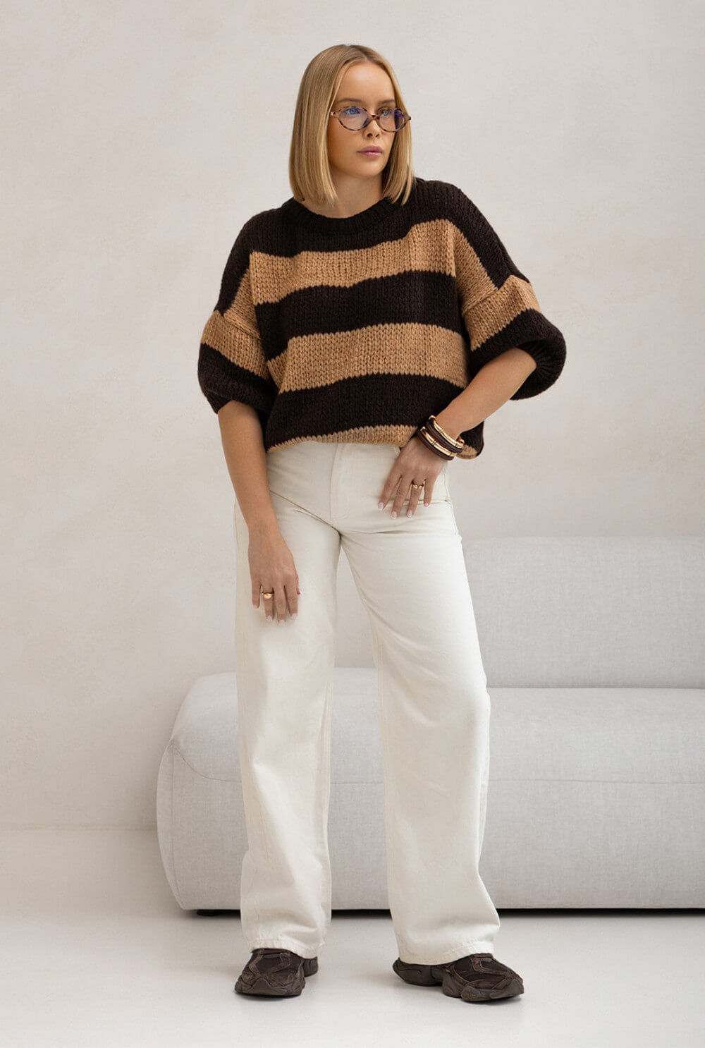 Oversize Strickpullover Damen Braun/Beige mit Streifen | Kurzarm Woll Pullover S-XL