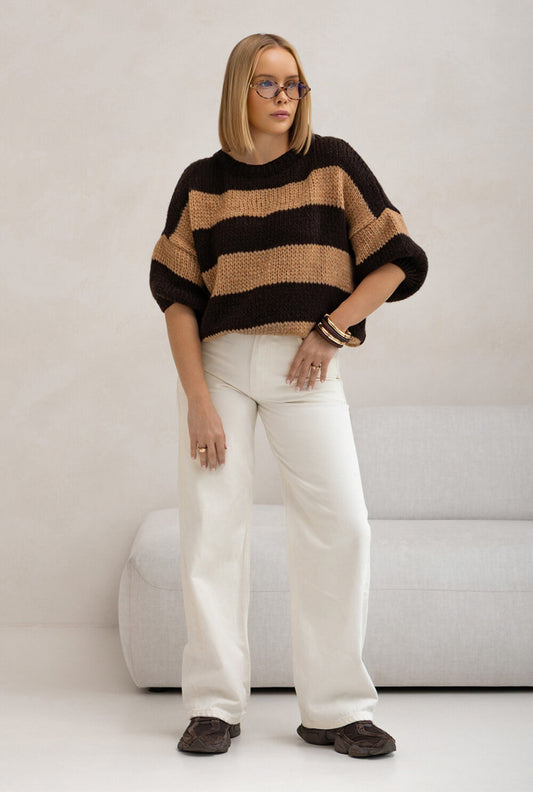 Oversize Strickpullover Damen Braun/Beige mit Streifen | Kurzarm Woll Pullover S-XL