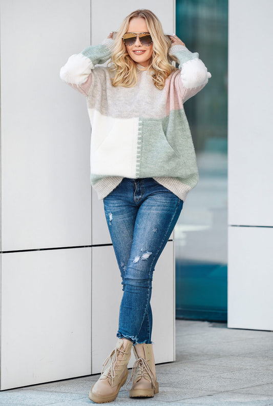 Oversize Kapuzen Strickpullover mit Kängerutaschen  | Langarm Woll Pullover S-XL