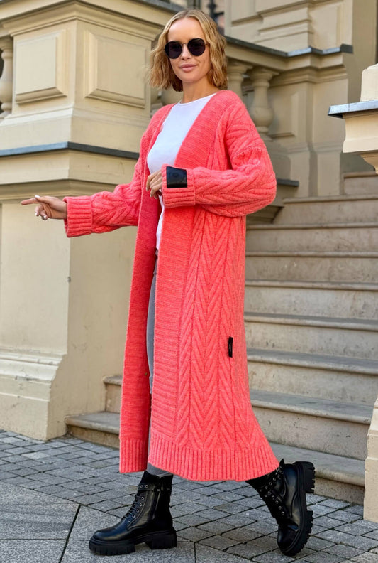 Oversize Strickmantel Damen Koralle mit Zopfmuster | Lange Strickjacke Cardigan S-XL