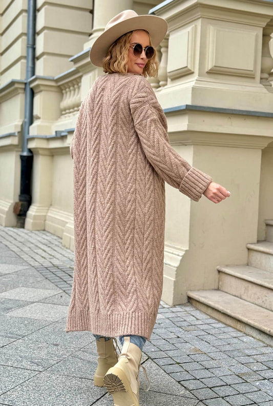 Oversize Strickmantel Damen Latte mit Zopfmuster | Lange Strickjacke Cardigan S-XL