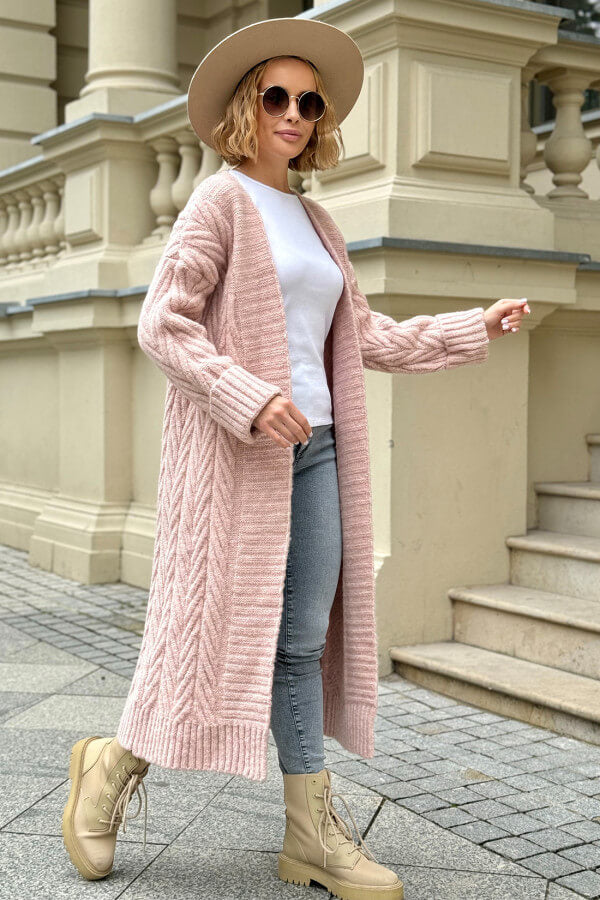 Oversize Strickmantel Damen Puder mit Zopfmuster | Lange Strickjacke Cardigan S-XL