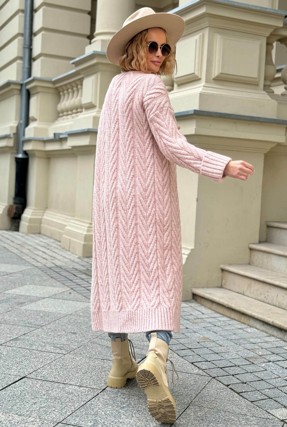 Oversize Strickmantel Damen Puder mit Zopfmuster | Lange Strickjacke Cardigan S-XL