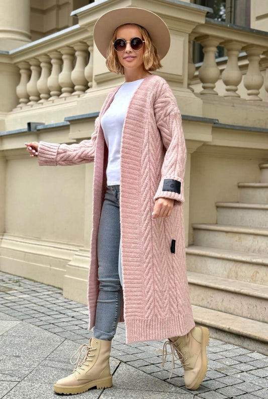 Oversize Strickmantel Damen Puder mit Zopfmuster | Lange Strickjacke Cardigan S-XL