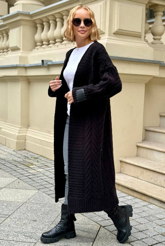 Oversize Strickmantel Damen Schwarz mit Zopfmuster | Lange Strickjacke Cardigan S-XL