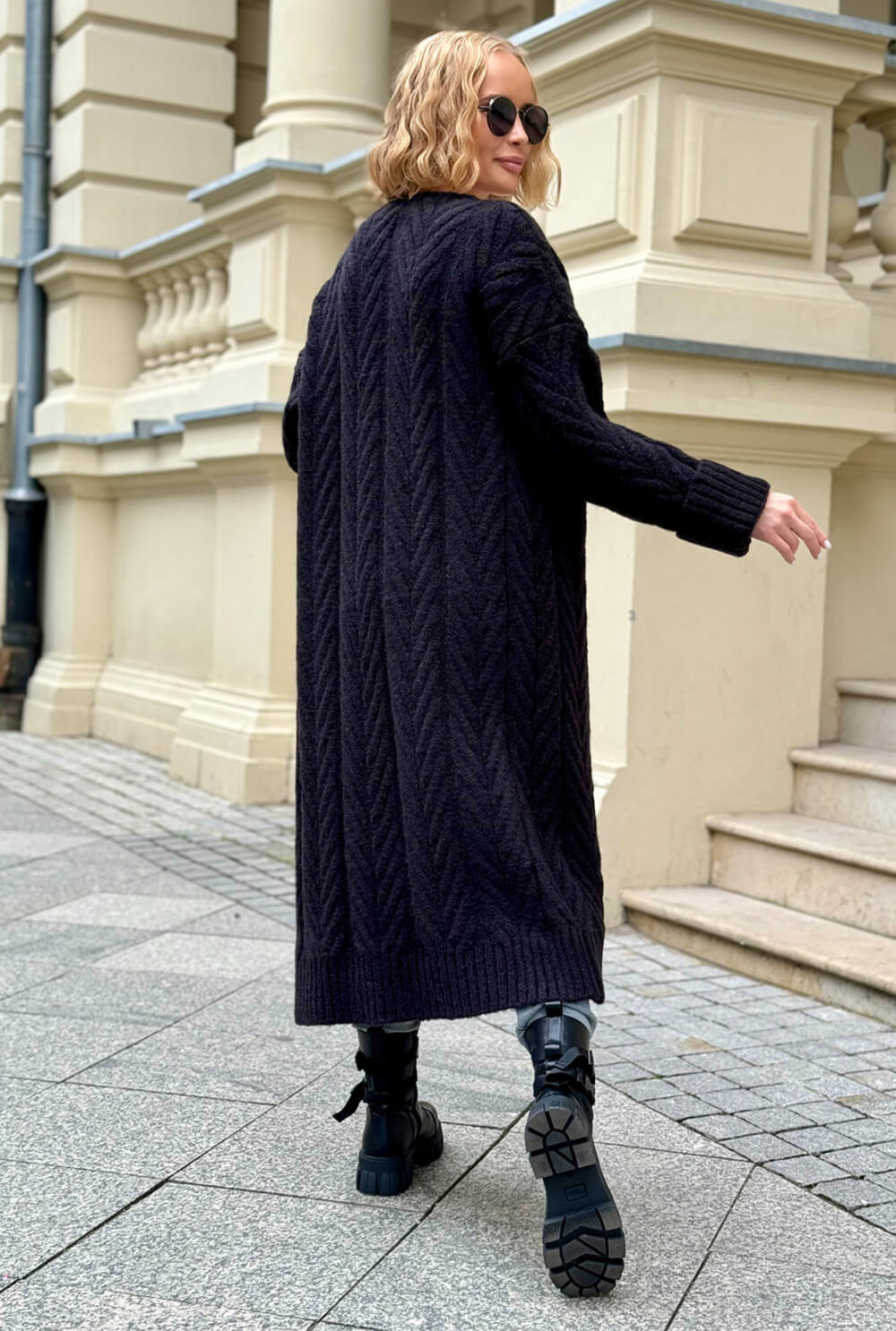 Oversize Strickmantel Damen Schwarz mit Zopfmuster | Lange Strickjacke Cardigan S-XL