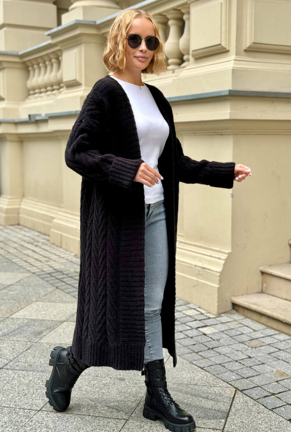 Oversize Strickmantel Damen Schwarz mit Zopfmuster | Lange Strickjacke Cardigan S-XL