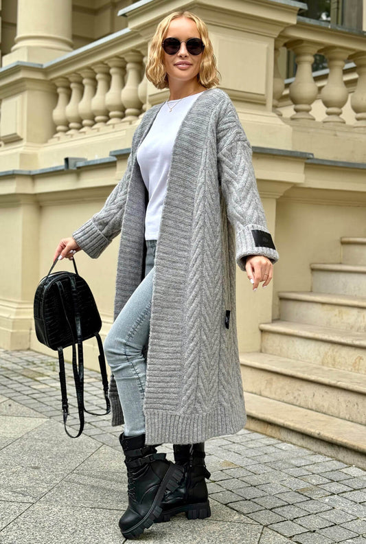 Oversize Strickmantel Damen Grau mit Zopfmuster | Lange Strickjacke Cardigan S-XL