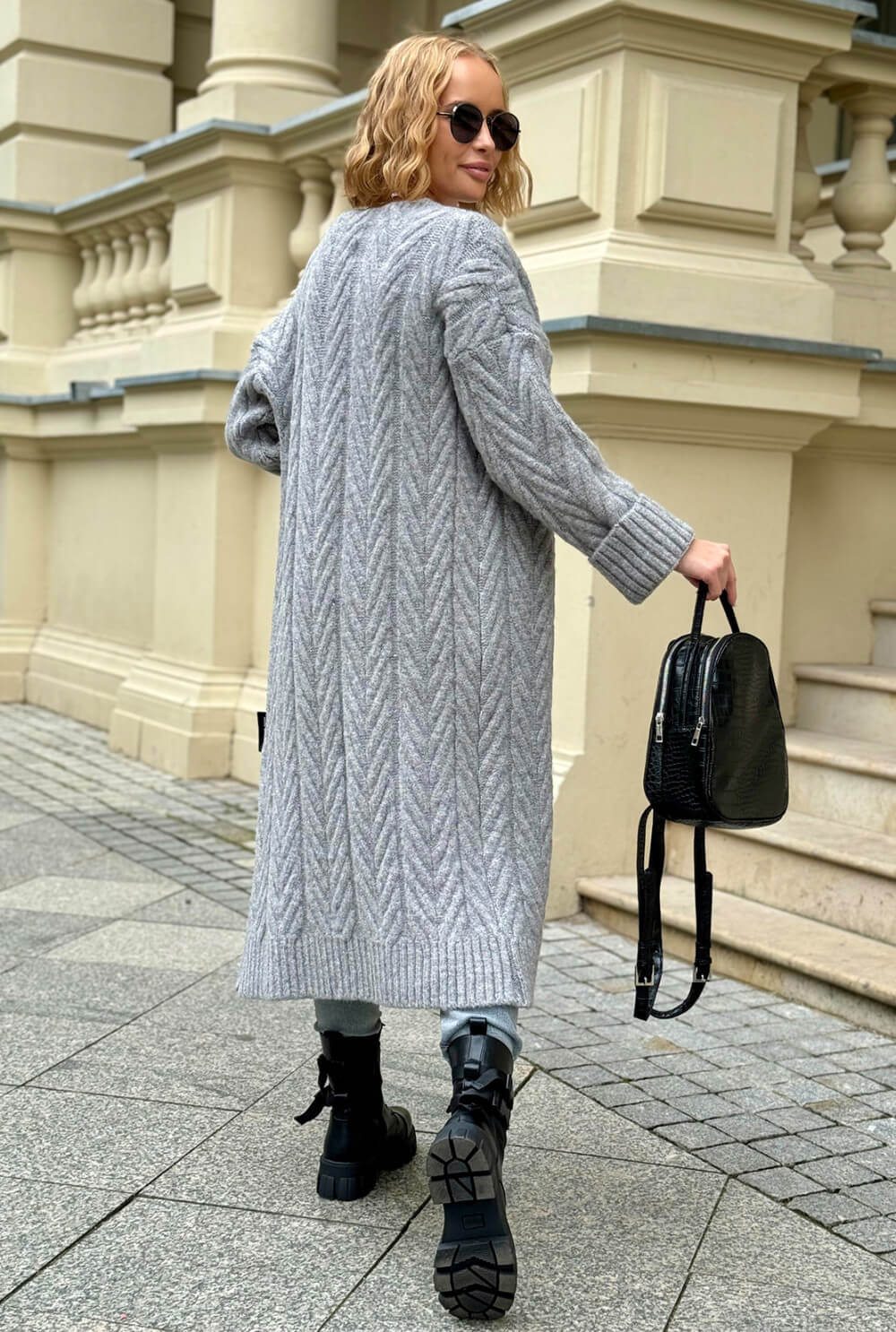 Oversize Strickmantel Damen Grau mit Zopfmuster | Lange Strickjacke Cardigan S-XL