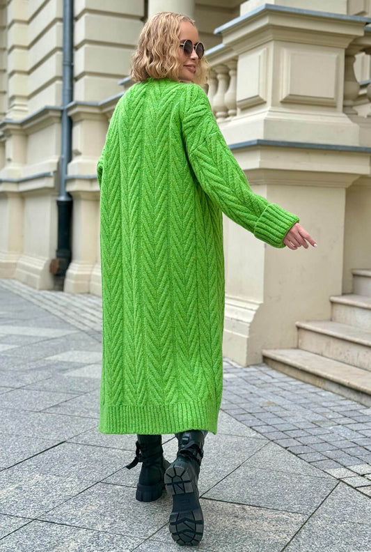 Oversize Strickmantel Damen Grün mit Zopfmuster | Lange Strickjacke Cardigan S-XL