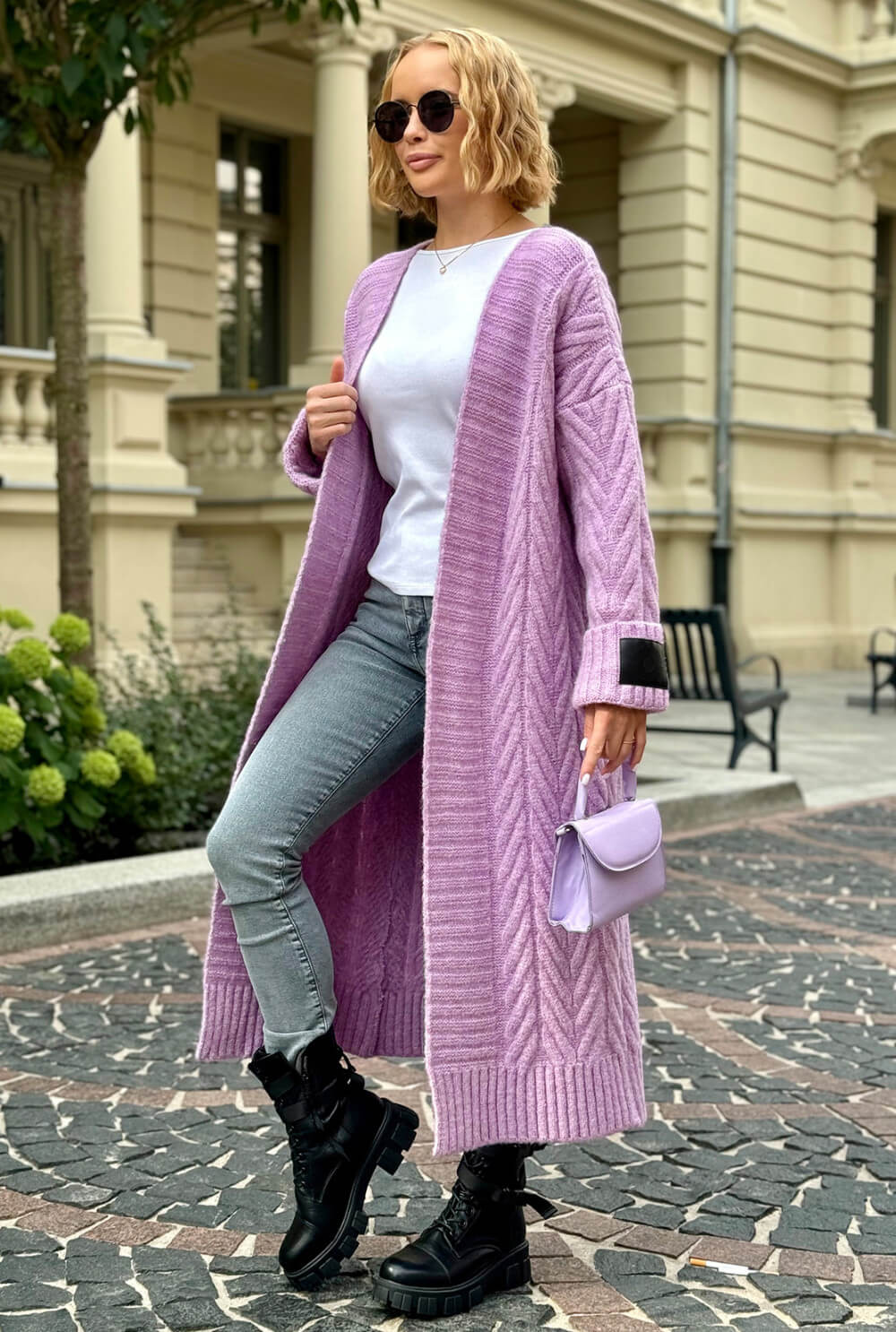 Oversize Strickmantel Damen Flieder mit Zopfmuster | Lange Strickjacke Cardigan S-XL
