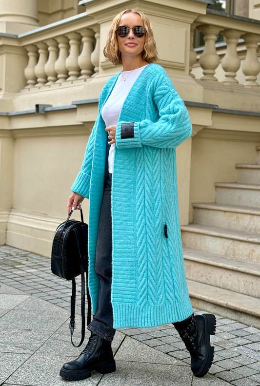 Oversize Strickmantel Damen Aqua mit Zopfmuster | Lange Strickjacke Cardigan S-XL