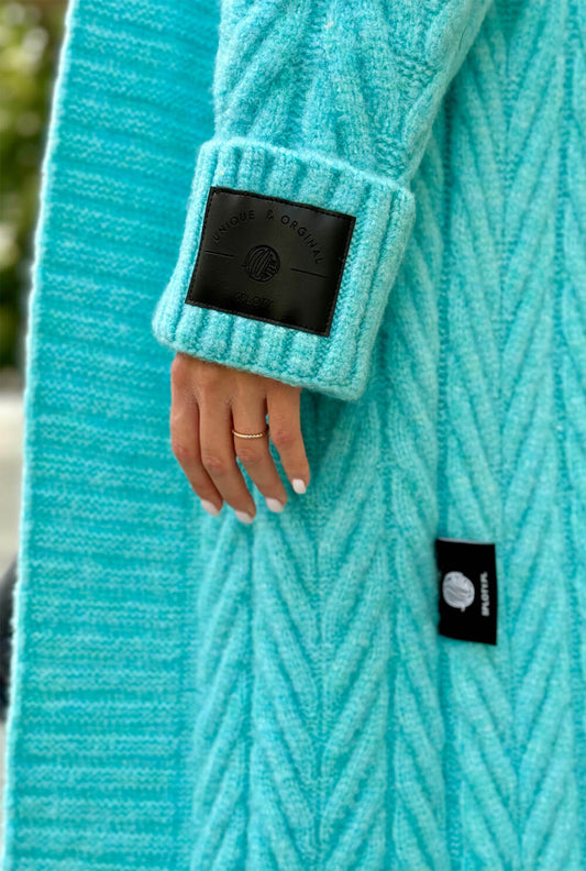 Oversize Strickmantel Damen Aqua mit Zopfmuster | Lange Strickjacke Cardigan S-XL