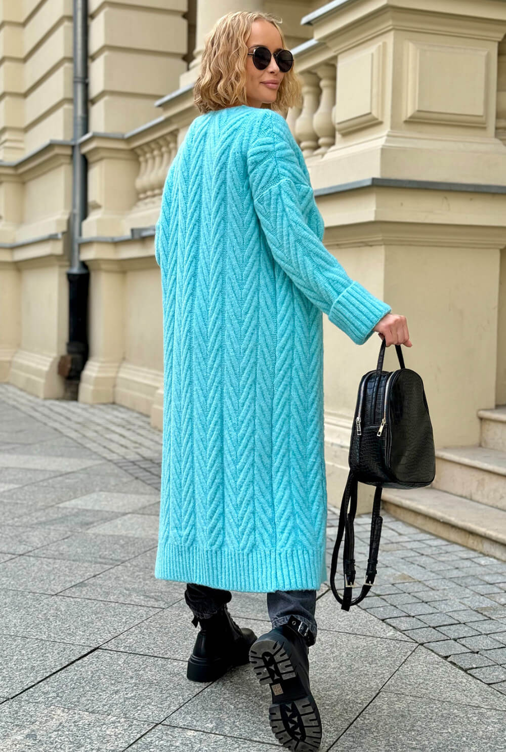 Oversize Strickmantel Damen Aqua mit Zopfmuster | Lange Strickjacke Cardigan S-XL
