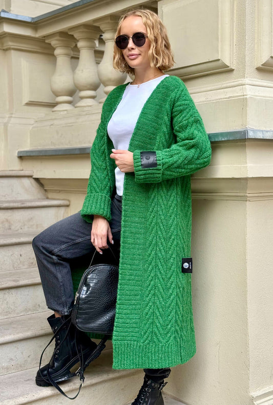Oversize Strickmantel Damen Grün mit Zopfmuster | Lange Strickjacke Cardigan S-XL