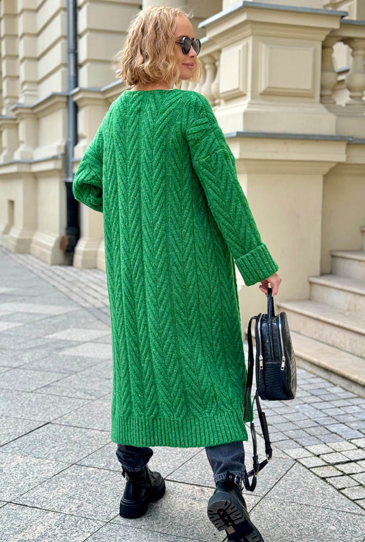 Oversize Strickmantel Damen Grün mit Zopfmuster | Lange Strickjacke Cardigan S-XL