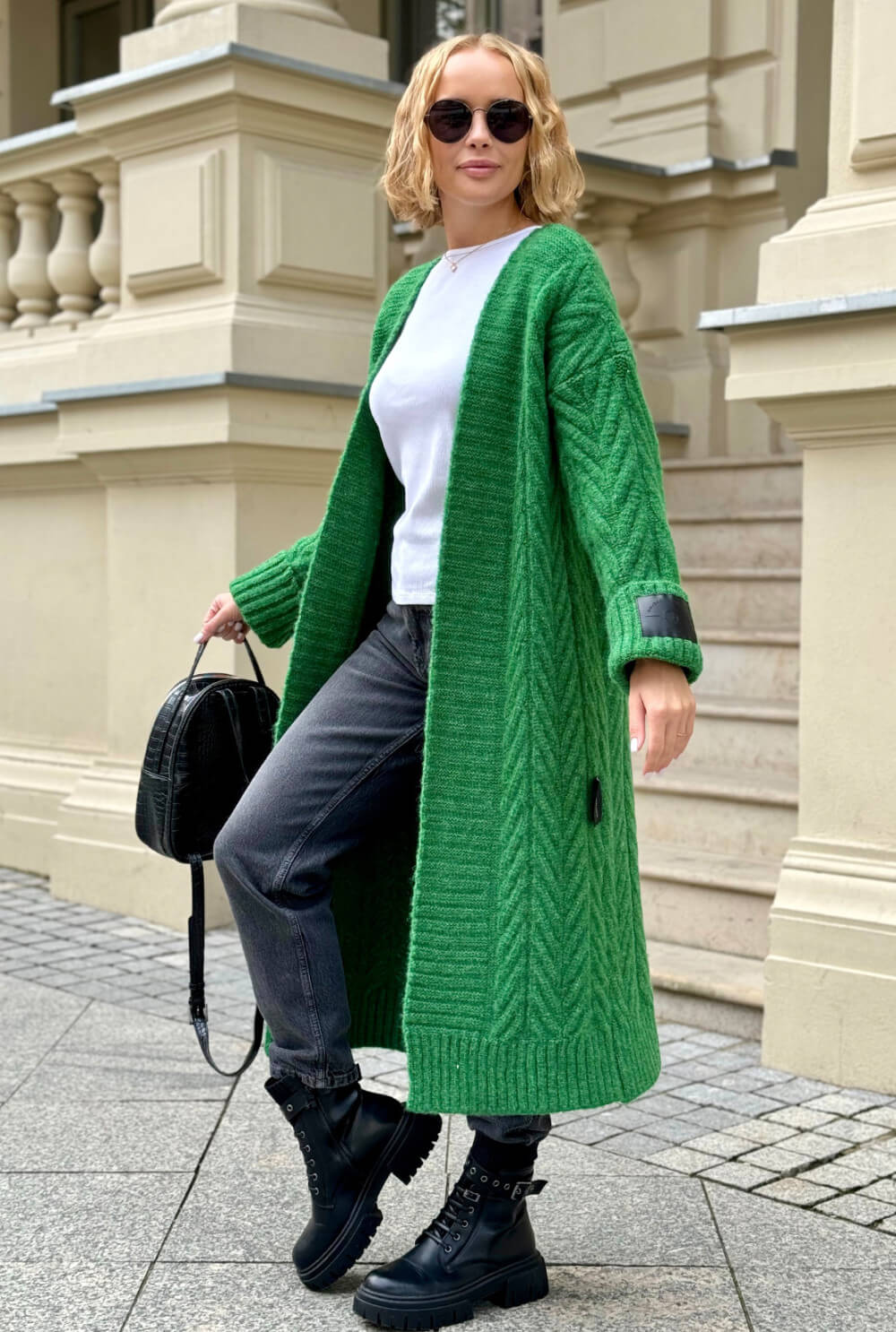 Oversize Strickmantel Damen Grün mit Zopfmuster | Lange Strickjacke Cardigan S-XL