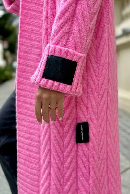 Oversize Strickmantel Damen Pink mit Zopfmuster | Lange Strickjacke Cardigan S-XL