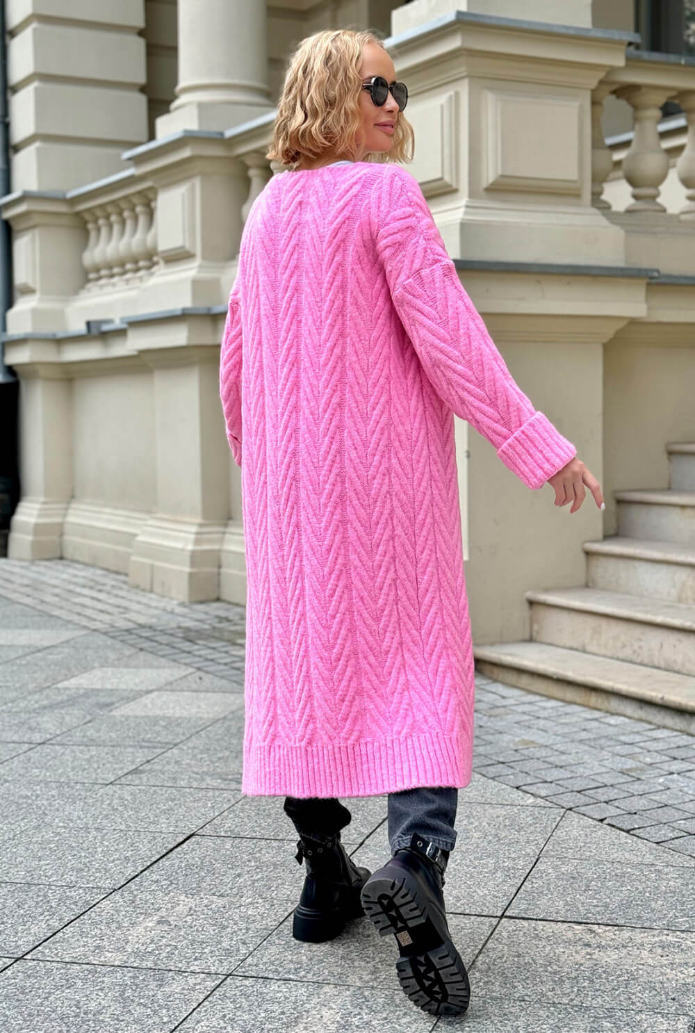 Oversize Strickmantel Damen Pink mit Zopfmuster | Lange Strickjacke Cardigan S-XL