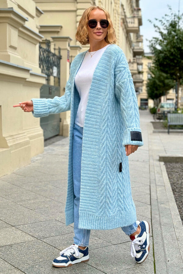Oversize Strickmantel Damen Hellblau mit Zopfmuster | Lange Strickjacke Cardigan S-XL