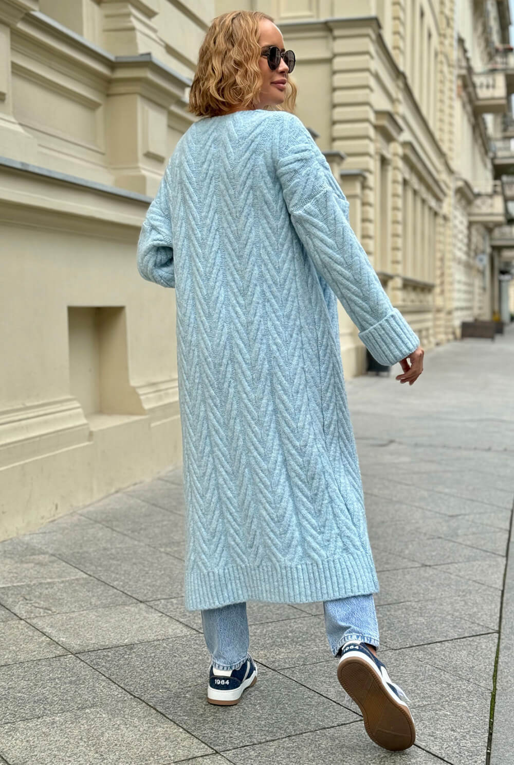Oversize Strickmantel Damen Hellblau mit Zopfmuster | Lange Strickjacke Cardigan S-XL
