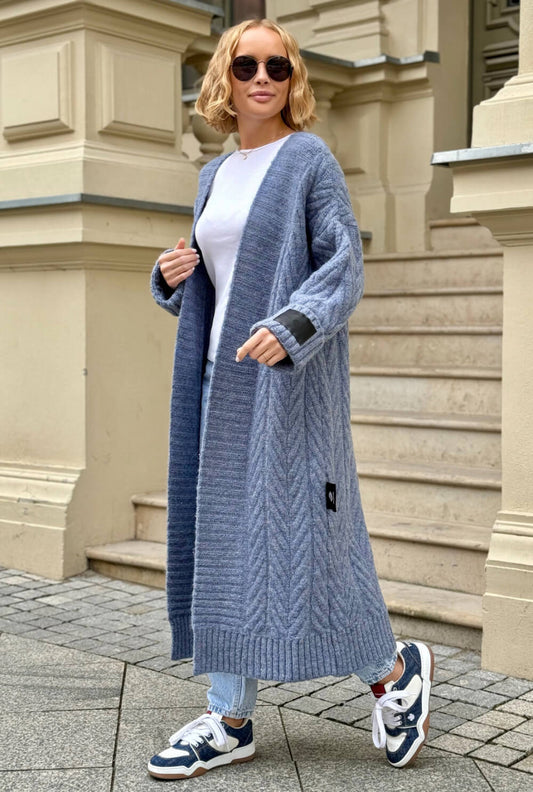 Oversize Strickmantel Damen Dunkelblau mit Zopfmuster | Lange Strickjacke Cardigan S-XL