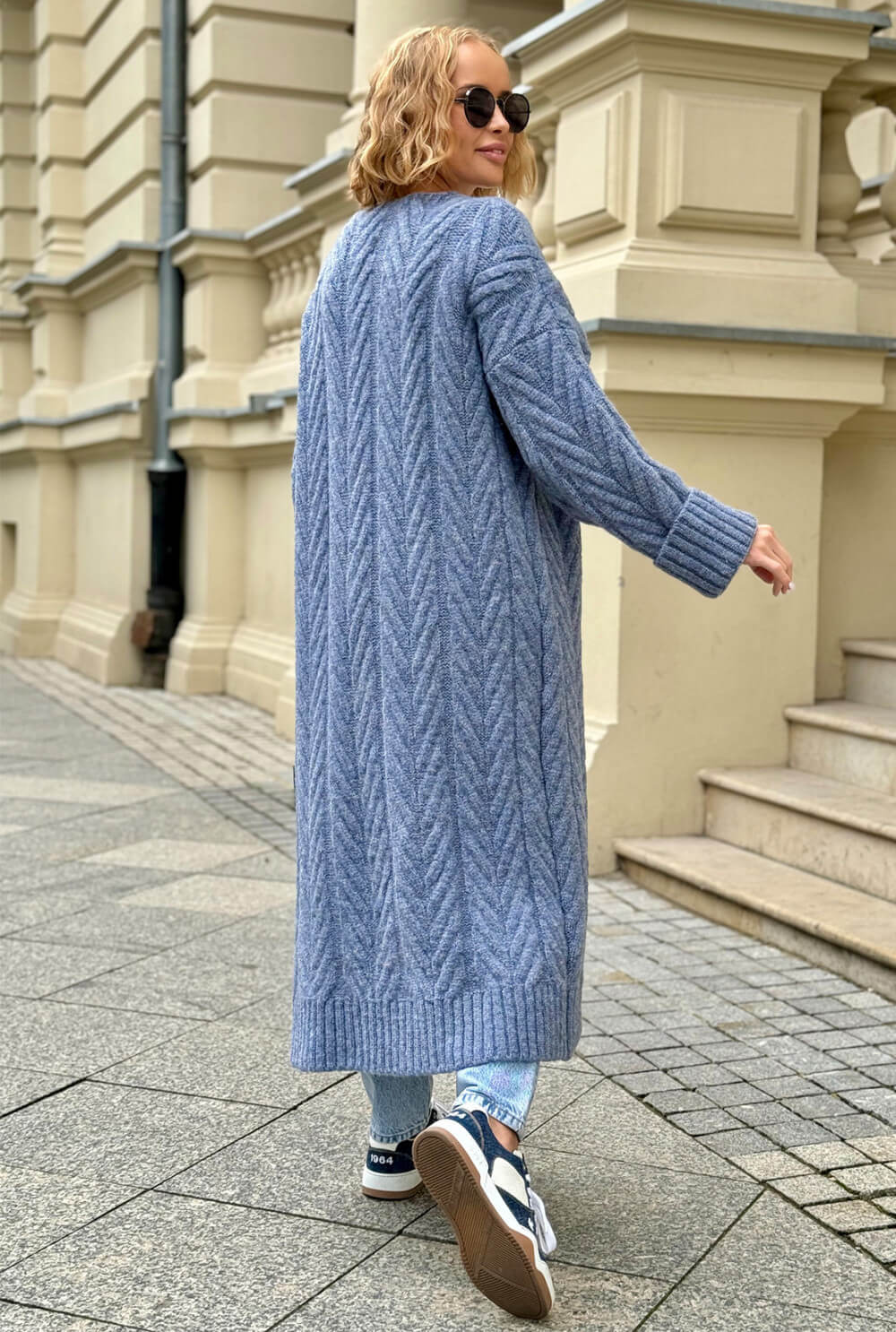 Oversize Strickmantel Damen Dunkelblau mit Zopfmuster | Lange Strickjacke Cardigan S-XL