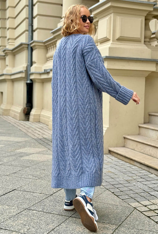 Oversize Strickmantel Damen Dunkelblau mit Zopfmuster | Lange Strickjacke Cardigan S-XL