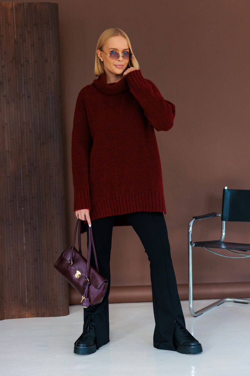 Oversize Vokuhila Strickpullover mit Rollkragen Bordeauxrot  | Langarm Woll Pullover S-XL