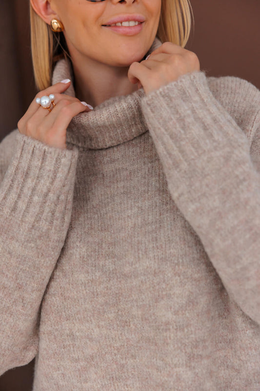 Oversize Vokuhila Strickpullover mit Rollkragen Beige  | Langarm Woll Pullover S-XL
