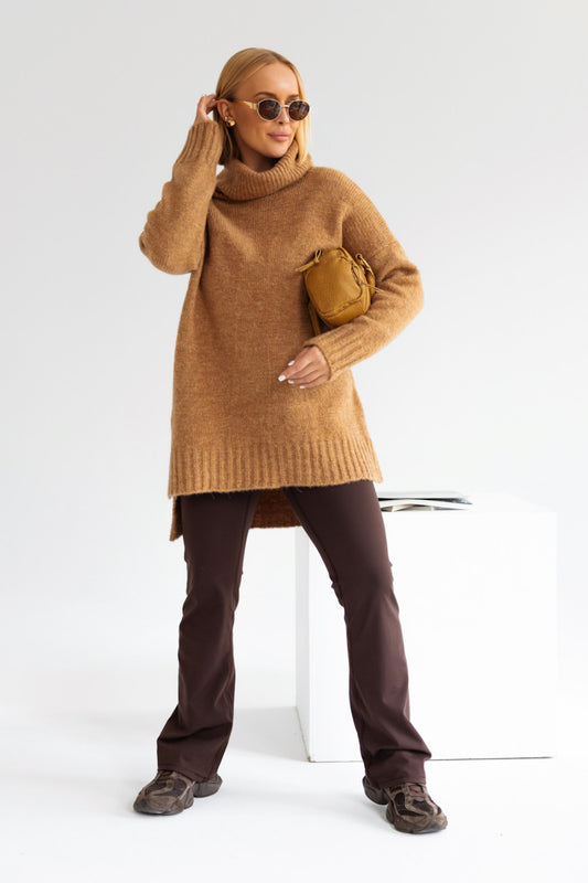 Oversize Vokuhila Strickpullover mit Rollkragen Karamell  | Langarm Woll Pullover S-XL