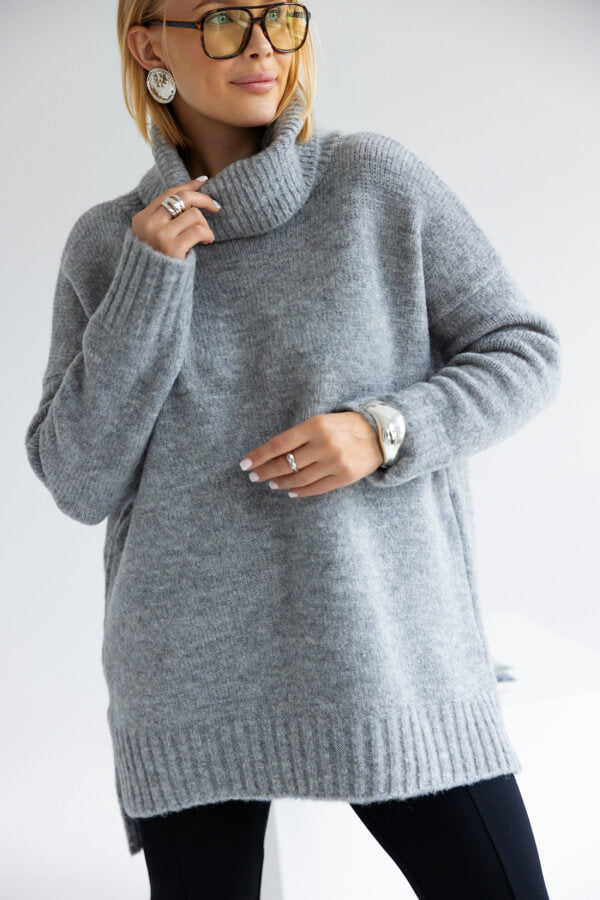 Oversize Vokuhila Strickpullover mit Rollkragen Grau  | Langarm Woll Pullover S-XL