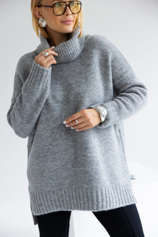 Oversize Vokuhila Strickpullover mit Rollkragen Grau  | Langarm Woll Pullover S-XL