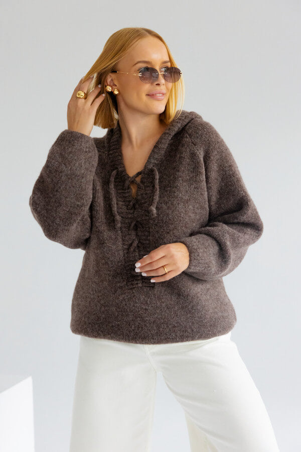 Oversize Strickpullover mit Kapuze Braun | Langarm Woll Pullover S-XL