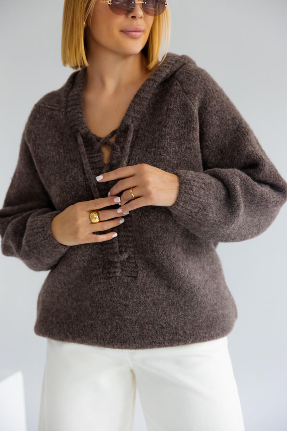 Oversize Strickpullover mit Kapuze Braun | Langarm Woll Pullover S-XL