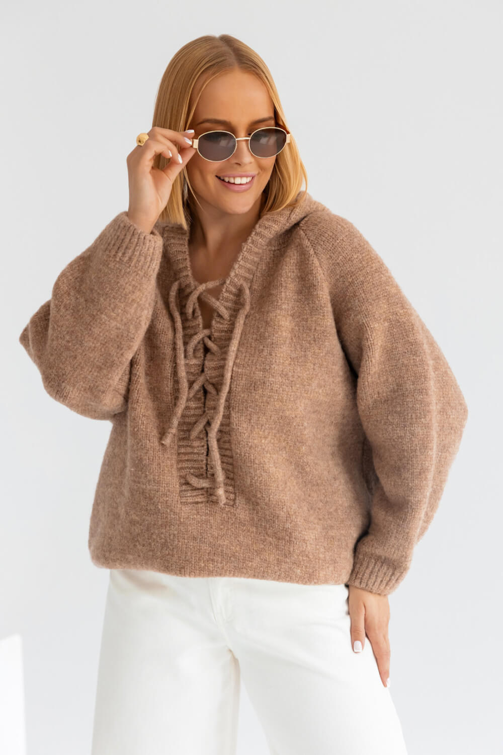 Oversize Strickpullover mit Kapuze Latte  | Langarm Woll Pullover S-XL